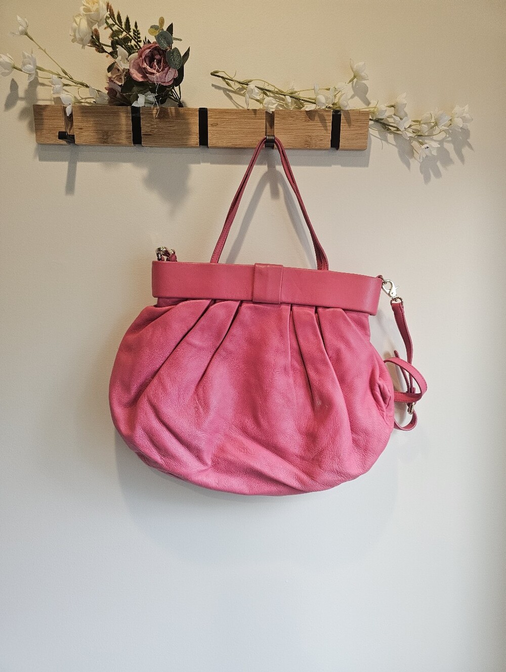 Red Valentino Leather Women's Pink Pleated Bow Shoulder Bag  Everyday Tote